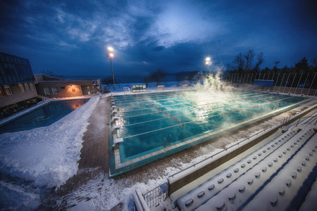 Morning fog at Swimming pool, sunrise shotのeditorial素材