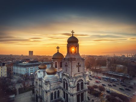Aerial view of The Cathedral of the Assumption in Varnaの写真素材