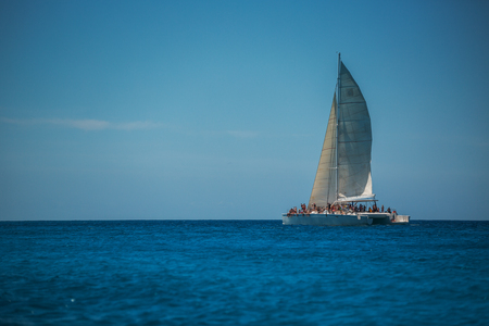 Catamaran sailing in Carribean sea near Punta Cana, Dominican Republicの写真素材