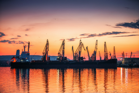 Panoramic view toward sea port and industrial cranes, Varna, Bulgariaの写真素材