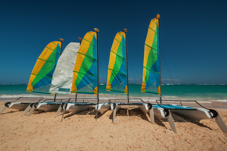 Sailboat on a clear and sunny day beside the Caribbean sea. Taken at Bavaro, Dominican Republic.の写真素材
