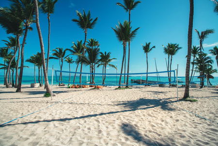Volleyball net on tropical beach, caribbean sea.の写真素材