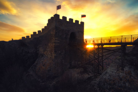 Epic sunset over medieval fortress Ovech near Provadia, Bulgariaのeditorial素材
