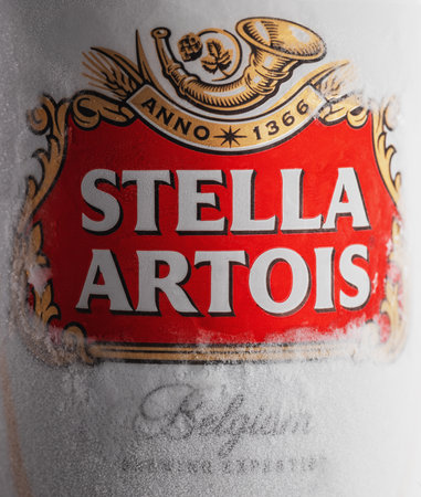Varna,Bulgaria - May 28, 2018: Alluminium can of Stella Artois beer on white background. Stella Artois has been brewed since 1926 in Belgium.のeditorial素材