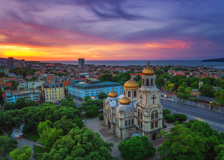 Aerial view of The Cathedral of the Assumption in Varnaの写真素材