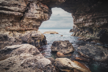 The rock formation Arch in the sea near Tyulenovo, Bulgaria, Europeの写真素材