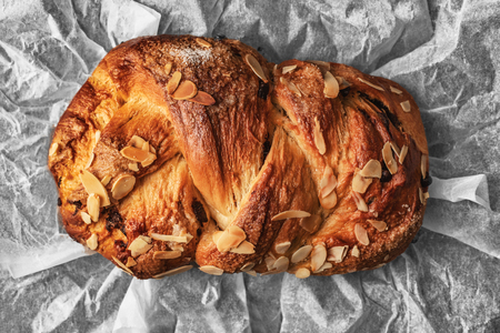 Easter bread with chocolate and almonds top view