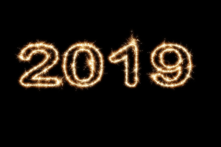 2019 written with Sparkle firework on black background, happy new year 2019 concept.