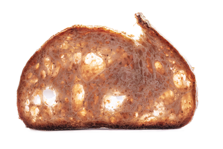 Slice of sourdough whole wheat freshly baked bread on white background.の写真素材