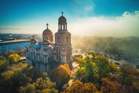 The Cathedral of the Assumption in Varna in autumn, aerial viewの写真素材