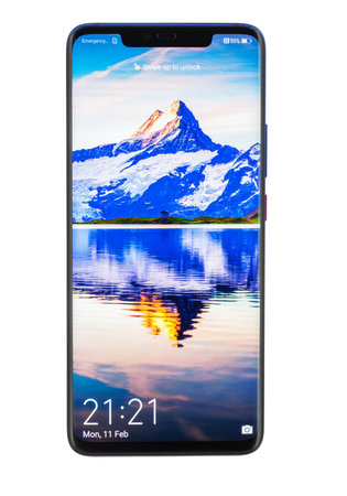 Varna, Bulgaria - February, 11, 2019: Studio shot of a  HUAWEI Mate 20 Pro Twilight smartphone, with...