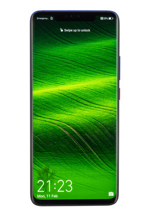 Varna, Bulgaria - February, 11, 2019: Studio shot of a  HUAWEI Mate 20 Pro Twilight smartphone, with...