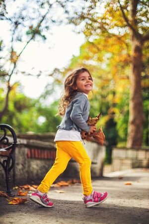 Beautiful little girl in a autumn parkの写真素材