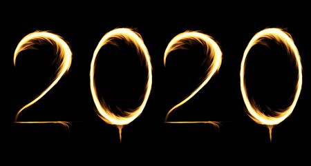 2020 Happy new year burning party flames isolated on black.