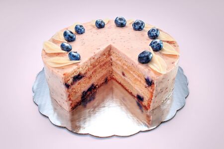Cake chocolate with yogurt cream and blueberries fruits isolated on pink background