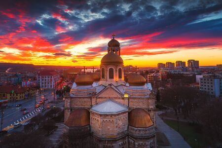Aerial view of The Cathedral of the Assumption in Varnaの写真素材