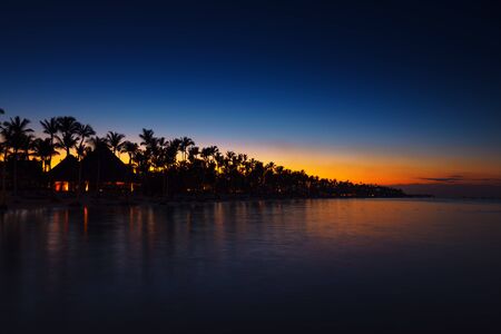 Tropical island at night. Palm trees silhouettes and lights on resort beach.