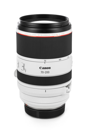 Varna, Bulgaria - August 05,2020: Image of  Canon RF 70-200mm f 2.8L IS USM Lens on a white background. Canon is the world largest SLR camera manufacturer.のeditorial素材