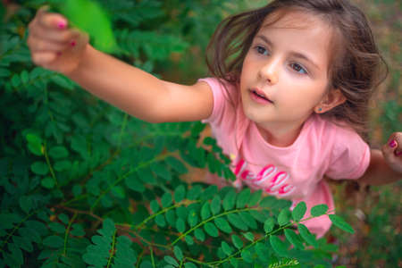 Little smiling girl playing with spring leaves in a parkの写真素材