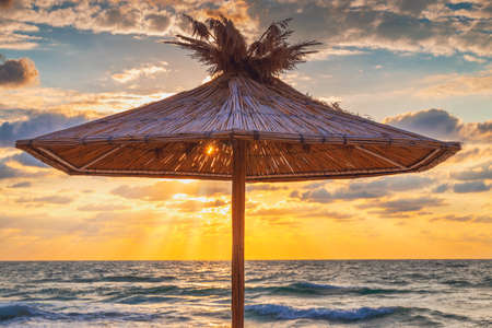 Straw umbrella on tropical sea beachの写真素材