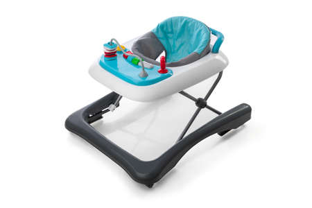 Modern baby walker with  toys isolated on whiteの写真素材