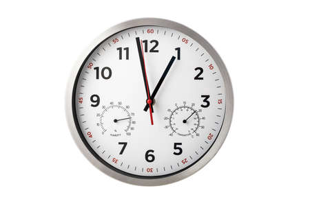 Modern wall clock shows hours, minutes, temperature, humidity isolated on whiteの写真素材