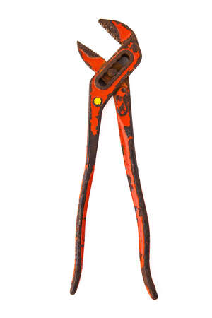 Pipe Wrench, old spanner isolated on white backgroundの写真素材