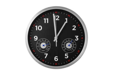 Modern clock showing hours, minutes, temperature, humidityの写真素材