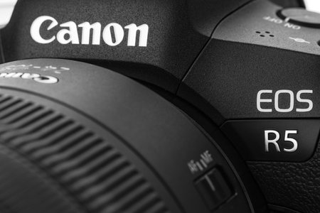 Varna, Bulgaria - November 07,2020: Image of Canon EOS R5 Mirrorless Digital Camera with 8k raw video on a white background. Canon is the world largest SLR camera manufacturer.のeditorial素材