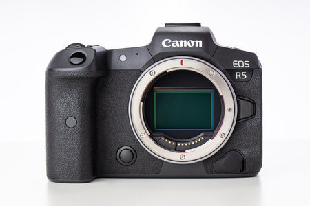 Varna, Bulgaria - November 07,2020: Image of Canon EOS R5 Mirrorless Digital Camera with 8k raw video on a white background. Canon is the world largest SLR camera manufacturer.のeditorial素材