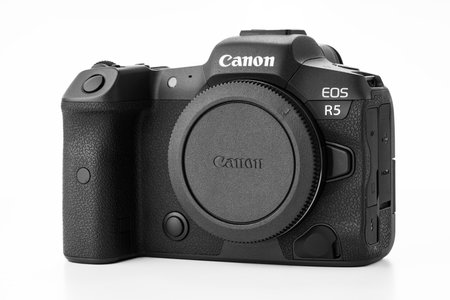 Varna, Bulgaria - November 07,2020: Image of Canon EOS R5 Mirrorless Digital Camera with 8k raw video on a white background. Canon is the world largest SLR camera manufacturer.のeditorial素材