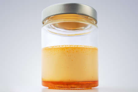 Cream caramel in a jar isolated on white backgroundの写真素材