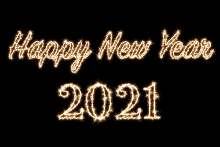 2021 written with Sparkle firework on black background, happy new year 2019 concept.の写真素材