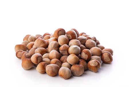 Hazelnuts isolated on white backgroundの写真素材