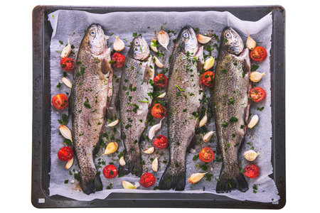 Fresh fish top view. Spicy herb and vegetables healthy food spice isolated on whiteの写真素材
