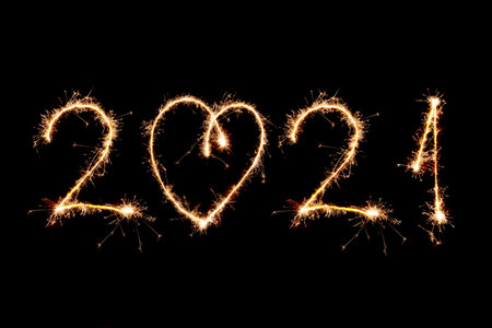 2021 written with Sparkle firework on black background, happy new year 2021 concept.の写真素材