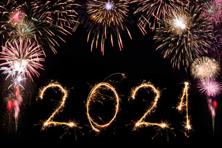 Sparkle firework on black background, happy new year 2021 concept.の写真素材