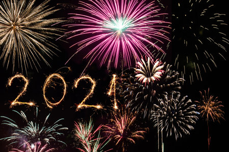 2021 made with sparklers on blackの写真素材