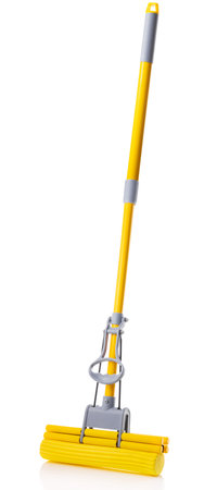 Yellow mop isolated on white, cleaning conceptの写真素材