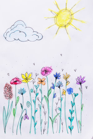 Child drawing top view. Artwork workplace with creative accessories. Drawing sheet with artwork by daughter on tableの写真素材