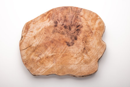 Vintage wooden cutting board isolated on white backgroundの写真素材