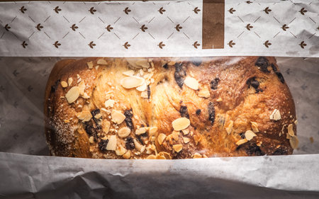 Holiday easter sweet bread with chocolate and raisins, homemade baked breadの写真素材