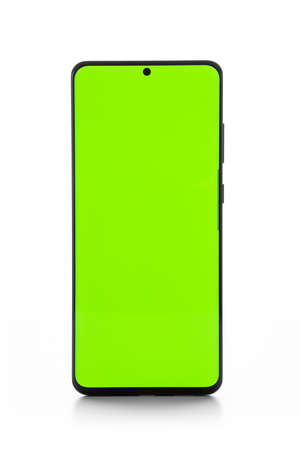 Mobile phone with green screen, isolated on whiteの写真素材