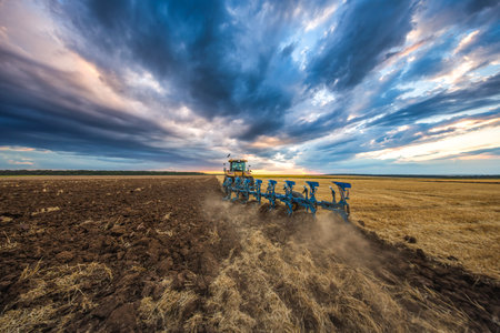 Tractor plowing the fields , agricultural landscapeの写真素材
