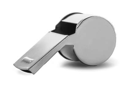 Metal sport whistle isolated on white background with clipping pathの写真素材