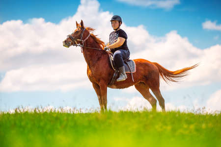 Young Boy riding a horse in the fieldの写真素材