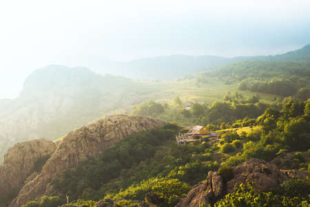 Sunset over mountain hills. Bulgaria, Sliven, Karandilaの写真素材