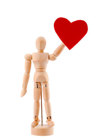 Wooden man toy statue and heart isolated on white background. Valentineâs day concept.の写真素材