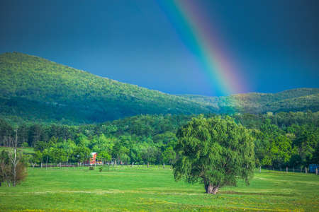 Rainbow over fields and trees on a farm on the edge of Lakeの写真素材
