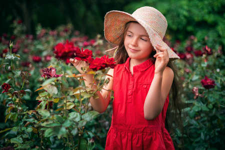 Beautiful little girl in roses garden in park. Charming woman smiling outdoor with flowers.の写真素材